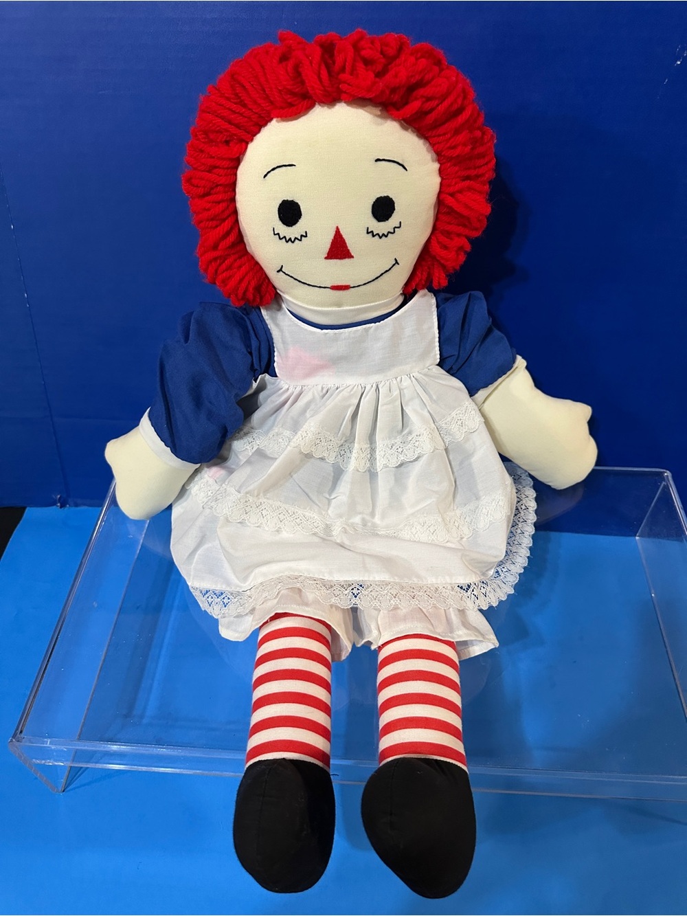 Raggedy Ann Vintage Classic Ragdoll Large 24” Blue Dress w/2Hearts Apron w/Lace